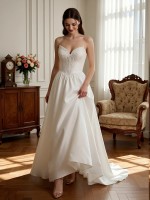 APJ Bridal Timeless V-Neck A-Line Wedding Dress | Romantic 3/4 Lace Sleeve Bridal Gown with Chapel Train
