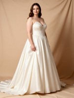 APJ Bridal Timeless V-Neck A-Line Wedding Dress | Romantic 3/4 Lace Sleeve Bridal Gown with Chapel Train