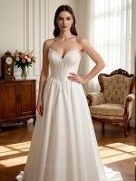 APJ Bridal Timeless V-Neck A-Line Wedding Dress | Romantic 3/4 Lace Sleeve Bridal Gown with Chapel Train
