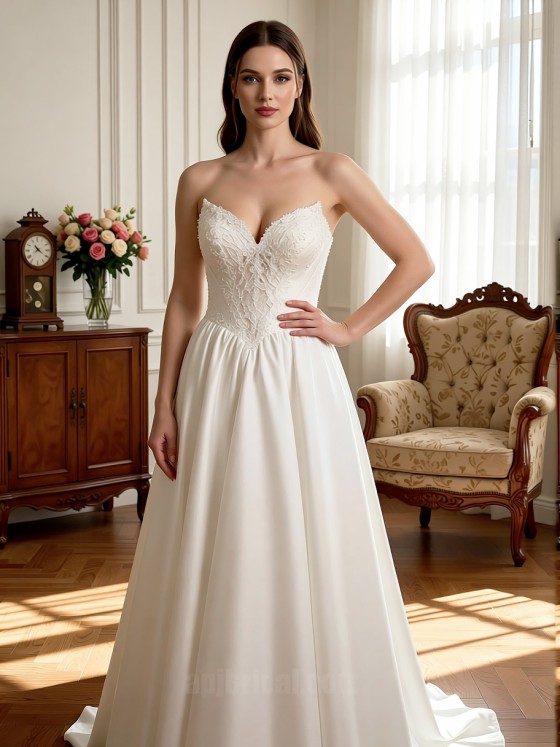 APJ Bridal Timeless V-Neck A-Line Wedding Dress | Romantic 3/4 Lace Sleeve Bridal Gown with Chapel Train