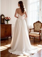 APJ Bridal Timeless V-Neck A-Line Wedding Dress | Romantic 3/4 Lace Sleeve Bridal Gown with Chapel Train
