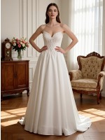 APJ Bridal Timeless V-Neck A-Line Wedding Dress | Romantic 3/4 Lace Sleeve Bridal Gown with Chapel Train