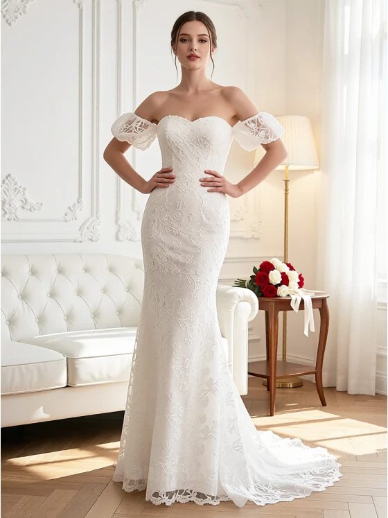 Modern Off-the-Shoulder Ruched Satin Wedding Dress | Column Gown with High Slit & Minimalist Elegance