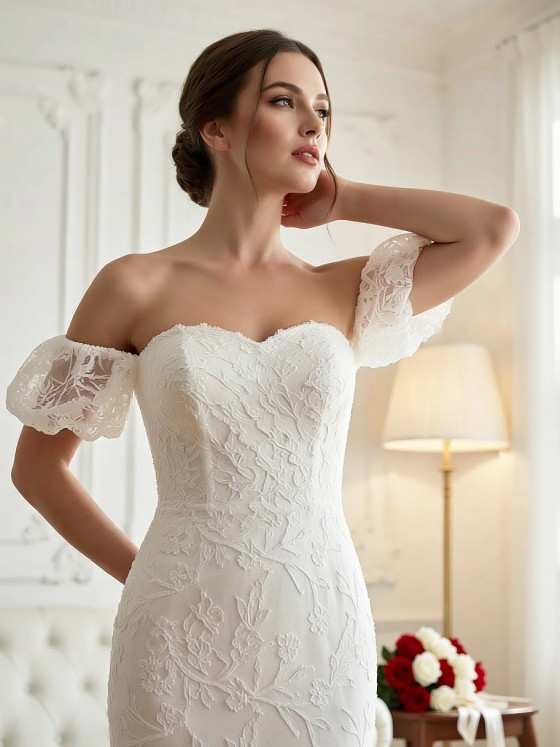 APJ Bridal Modern Off-the-Shoulder Ruched Satin Wedding Dress | Column Gown with High Slit & Minimalist Elegance
