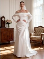 Elegant Off-the-Shoulder Long Sleeve Satin Trumpet Wedding Dress with Sweep Train – Minimalist Bridal Gown