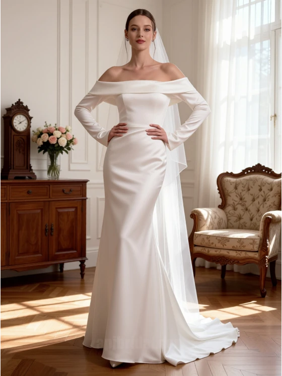 Elegant Off-the-Shoulder Long Sleeve Satin Trumpet Wedding Dress with Sweep Train – Minimalist Bridal Gown