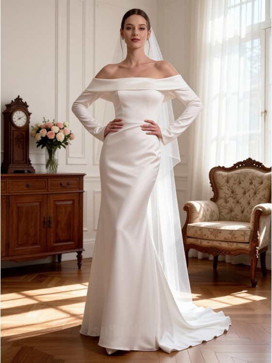 Elegant Off-the-Shoulder Long Sleeve Satin Trumpet Wedding Dress with Sweep Train – Minimalist Bridal Gown
