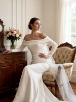 Elegant Off-the-Shoulder Long Sleeve Satin Trumpet Wedding Dress with Sweep Train – Minimalist Bridal Gown