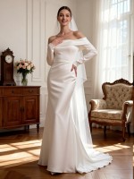 Elegant Off-the-Shoulder Long Sleeve Satin Trumpet Wedding Dress with Sweep Train – Minimalist Bridal Gown