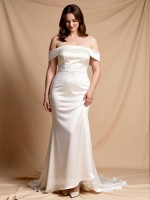 Elegant Off-the-Shoulder Long Sleeve Satin Trumpet Wedding Dress with Sweep Train – Minimalist Bridal Gown