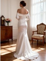 Elegant Off-the-Shoulder Long Sleeve Satin Trumpet Wedding Dress with Sweep Train – Minimalist Bridal Gown