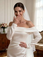 Elegant Off-the-Shoulder Long Sleeve Satin Trumpet Wedding Dress with Sweep Train – Minimalist Bridal Gown