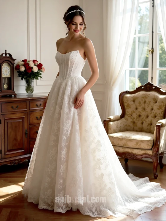 Vintage Royal A-Line Strapless Sweetheart Beaded Matte Satin Wedding Dress with Sweep Train