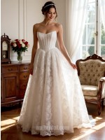 Vintage Royal A-Line Strapless Sweetheart Beaded Matte Satin Wedding Dress with Sweep Train