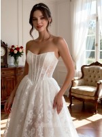 Vintage Royal A-Line Strapless Sweetheart Beaded Matte Satin Wedding Dress with Sweep Train