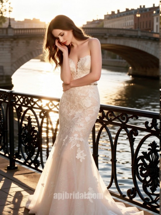 Romantic Lace Sweetheart Mermaid Wedding Dress - APJbridal Custom Main Bridal Gown