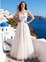 Romantic Square Neck Lace A-Line Wedding Dress with Floral Appliques – Perfect for Beach & Destination Weddings