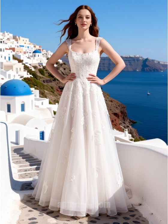 Romantic Square Neck Lace A-Line Wedding Dress with Floral Appliques – Perfect for Beach & Destination Weddings