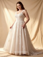Romantic Square Neck Lace A-Line Wedding Dress with Floral Appliques – Perfect for Beach & Destination Weddings
