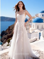 Romantic Square Neck Lace A-Line Wedding Dress with Floral Appliques – Perfect for Beach & Destination Weddings