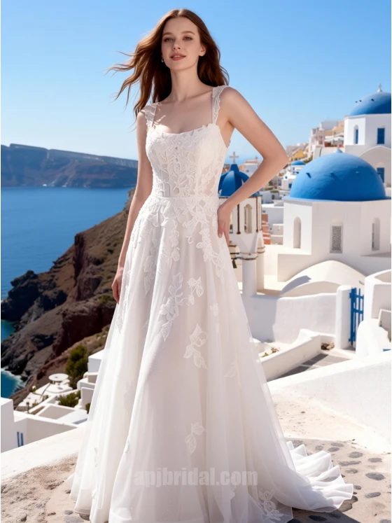 Romantic Square Neck Lace A-Line Wedding Dress with Floral Appliques –  for Beach & Destination Weddings