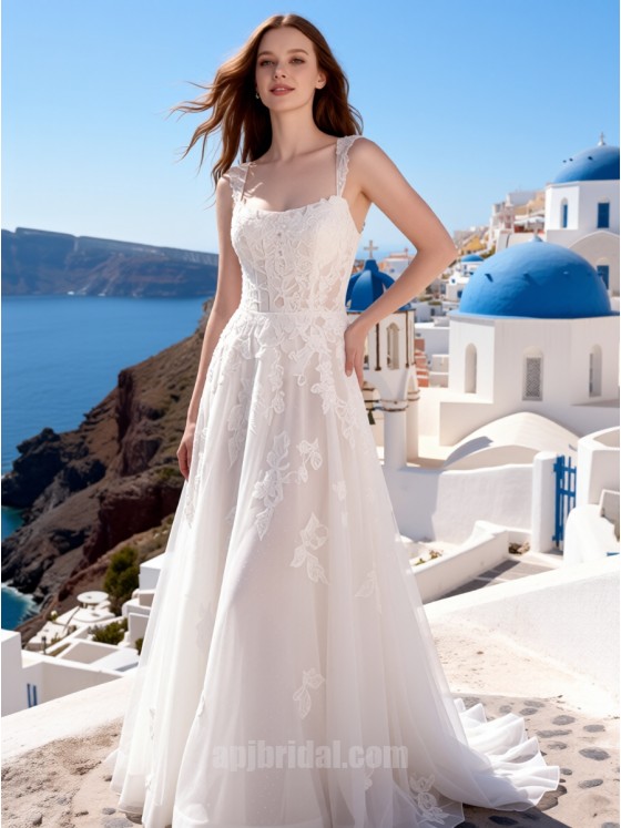 Romantic Square Neck Lace A-Line Wedding Dress with Floral Appliques – Perfect for Beach & Destination Weddings