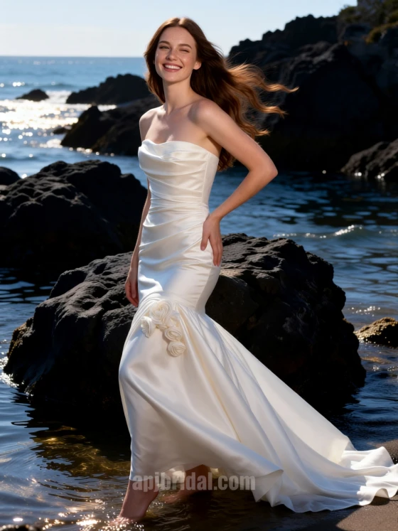 Satin Strapless Mermaid Wedding Dress - Draped Bodice with 3D Fabric Roses - Elegant Beach & Destination Bridal Gown