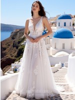 Deep V-Neck Illusion Lace A-Line Wedding Dress | Romantic Beach Bridal Gown with Floral Appliques & Sweep Train