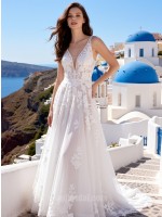 Deep V-Neck Illusion Lace A-Line Wedding Dress | Romantic Beach Bridal Gown with Floral Appliques & Sweep Train
