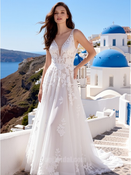Deep V-Neck Illusion Lace A-Line Wedding Dress | Romantic Beach Bridal Gown with Floral Appliques & Sweep Train