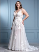 Deep V-Neck Illusion Lace A-Line Wedding Dress | Romantic Beach Bridal Gown with Floral Appliques & Sweep Train