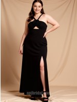 APJbridal Chic Black Halter Evening Gown with 3D Rose & High Slit – Matte Crepe Sheath Cocktail Dress for Reception