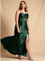 APJbridal Emerald Green Satin Cowl Neck Lace Insert High Slit Evening Gown - Vintage Elegant Spaghetti Strap Long Dress