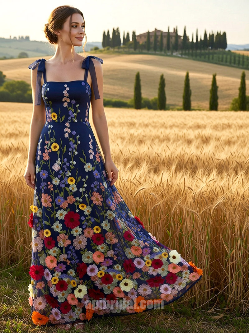Vibrant Floral Jacquard A-Line Evening Dress with Navy Blue Tie-Straps