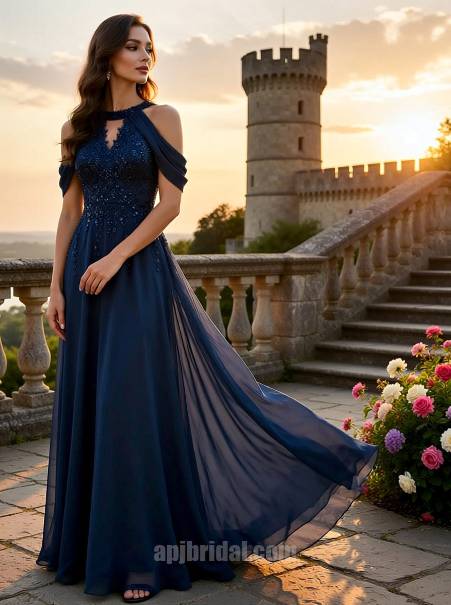 Navy Blue Hand-Beaded Halter Neck Cold-Shoulder Chiffon A-Line Evening Gown
