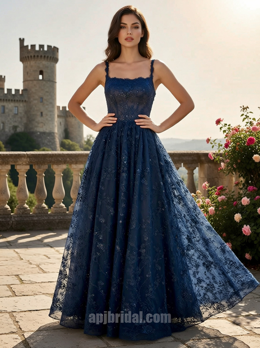 Navy Blue Square Neckline Sequin Lace Appliqué A-Line Floor-Length Gown