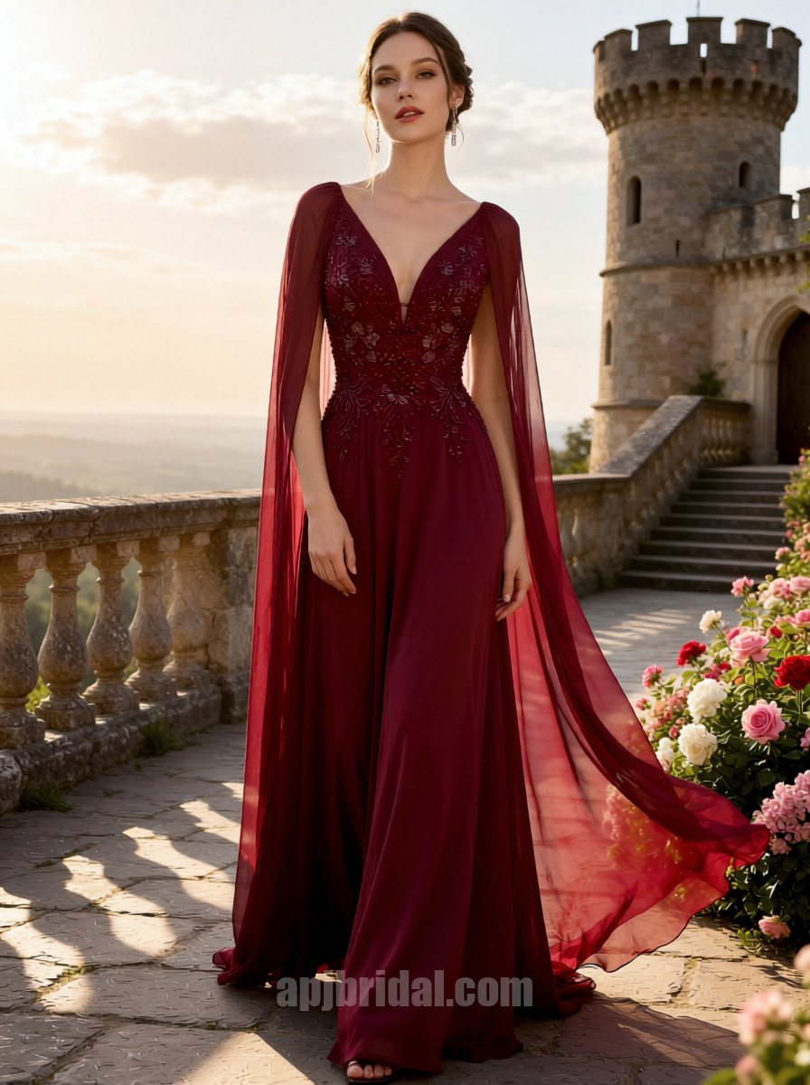 Burgundy Plunging V-Neck Embroidered Cape-Sleeve Flowing Chiffon A-Line Gown
