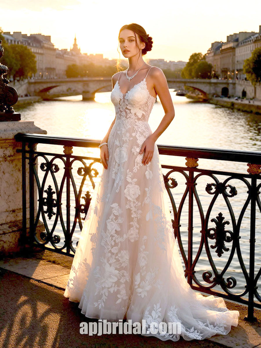 floral lace applique spaghetti-strap wedding dress Andrea and Leo -WL063 Floral V-Neck Bridal Gown 8 / OFF WHITE-NUDE