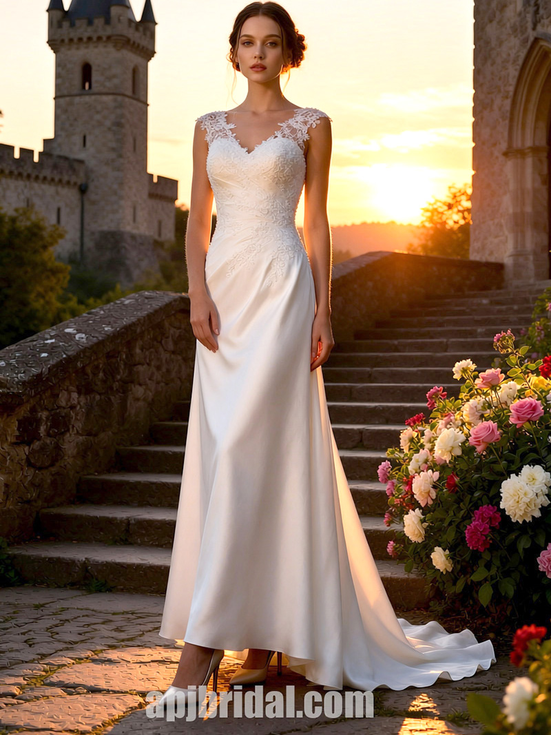 Elegant V-Neck Satin Sheath Wedding Dress with Lace Appliqués and Court Train