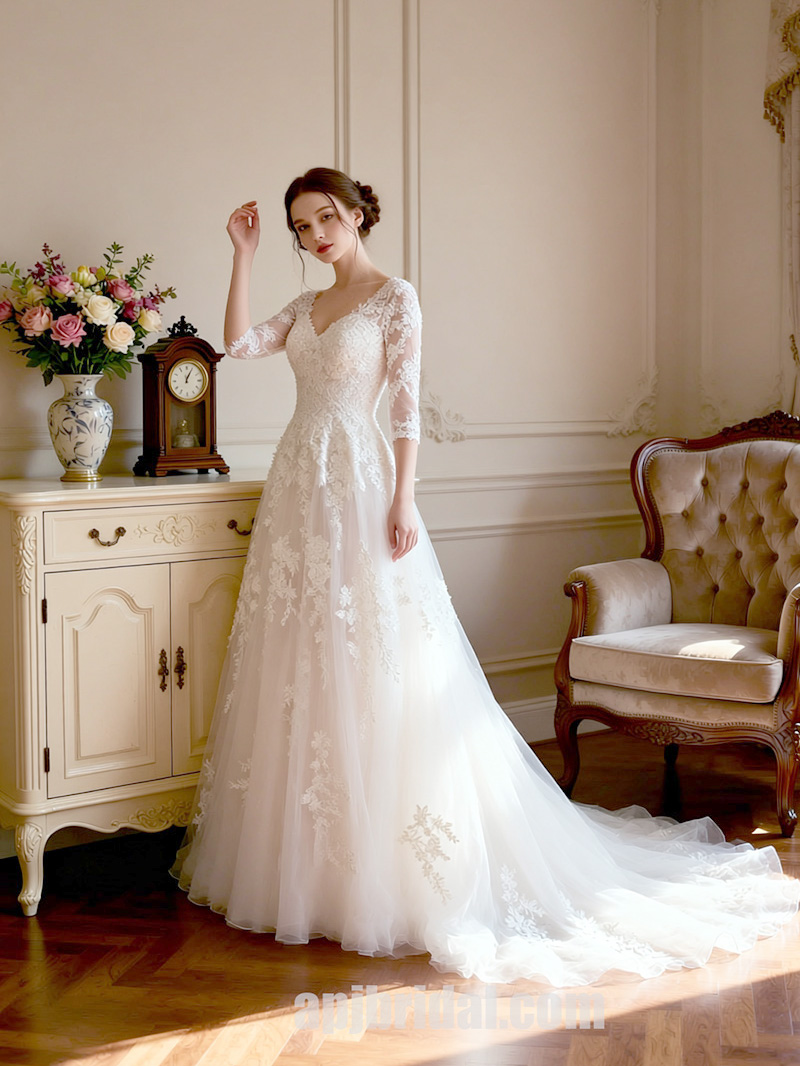 Timeless V-Neck A-Line Wedding Dress with 3/4 Lace Sleeves and Tulle Skirt