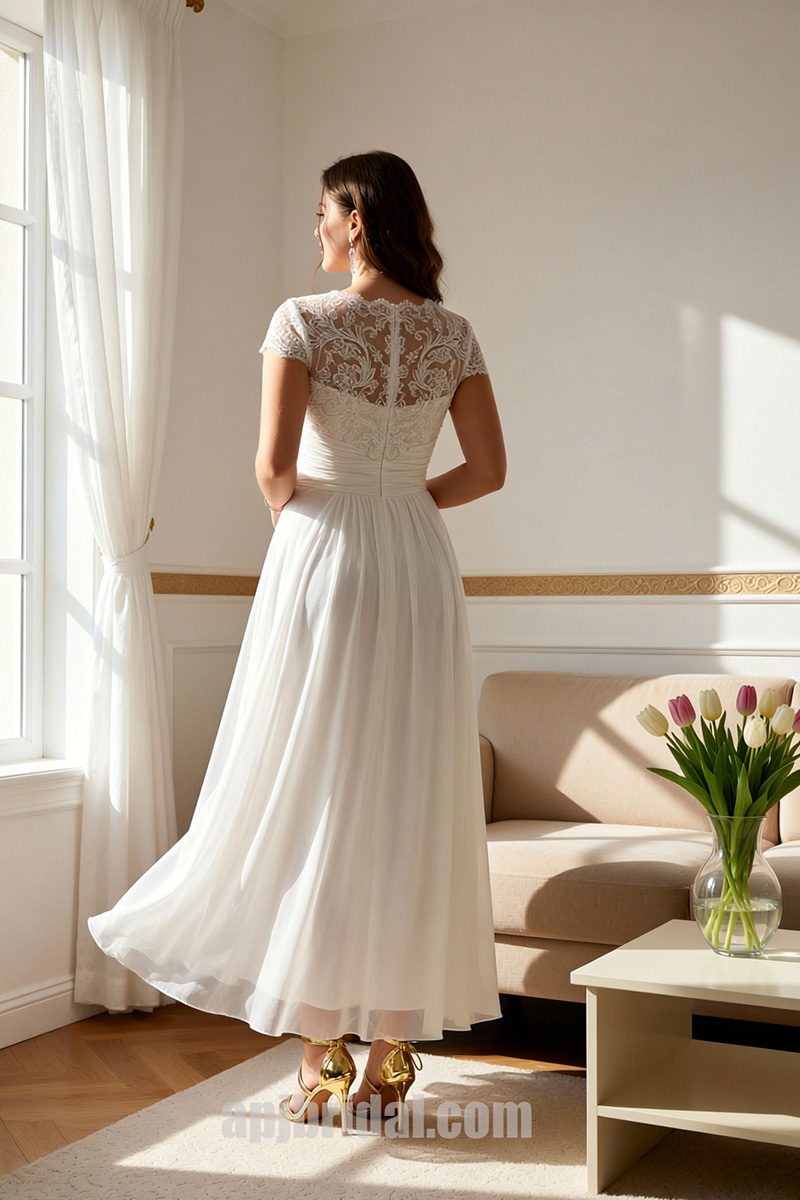 cap sleeve chiffon wedding dress Boho A-Line Chiffon Wedding Dress with Cape & Lace Flowers