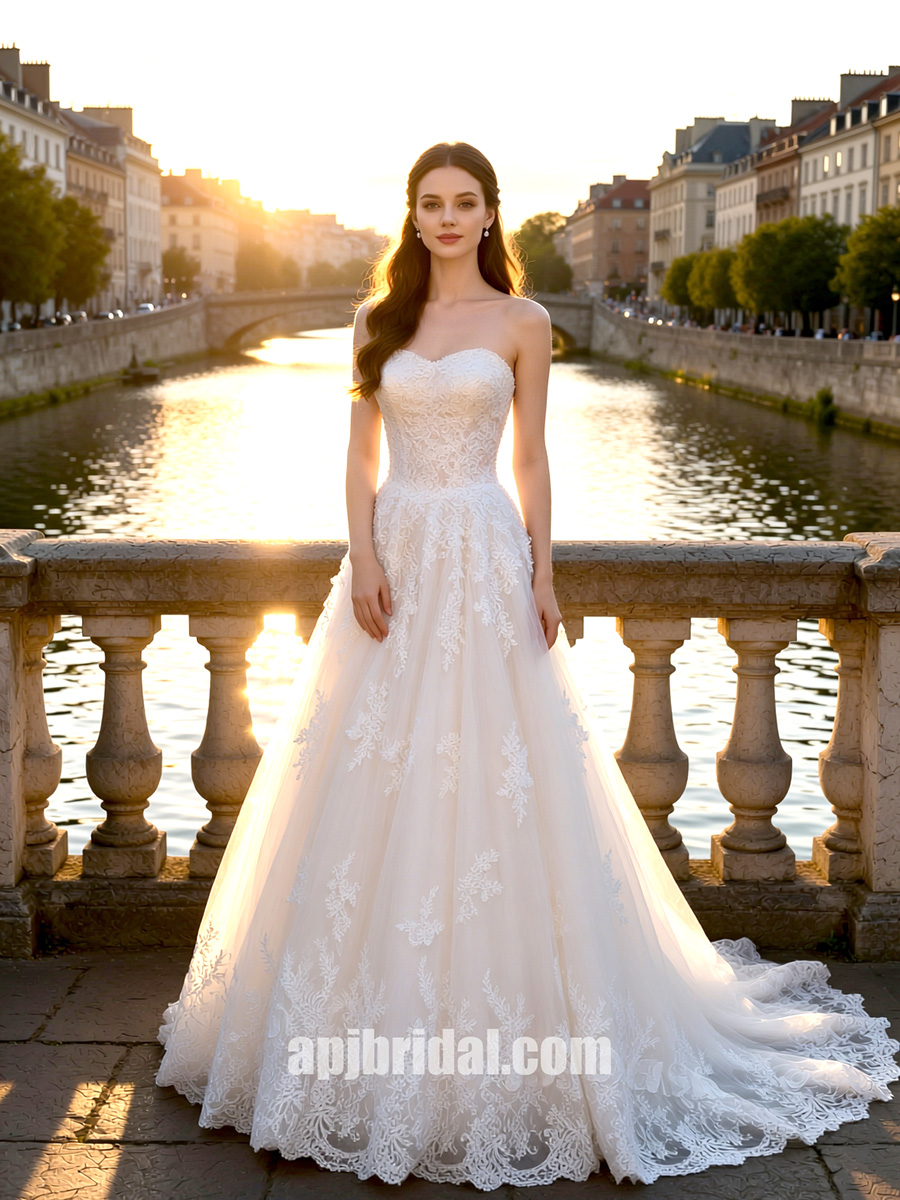 trapless Sweetheart Neckline Lace Bridal Gown with Cathedral Train