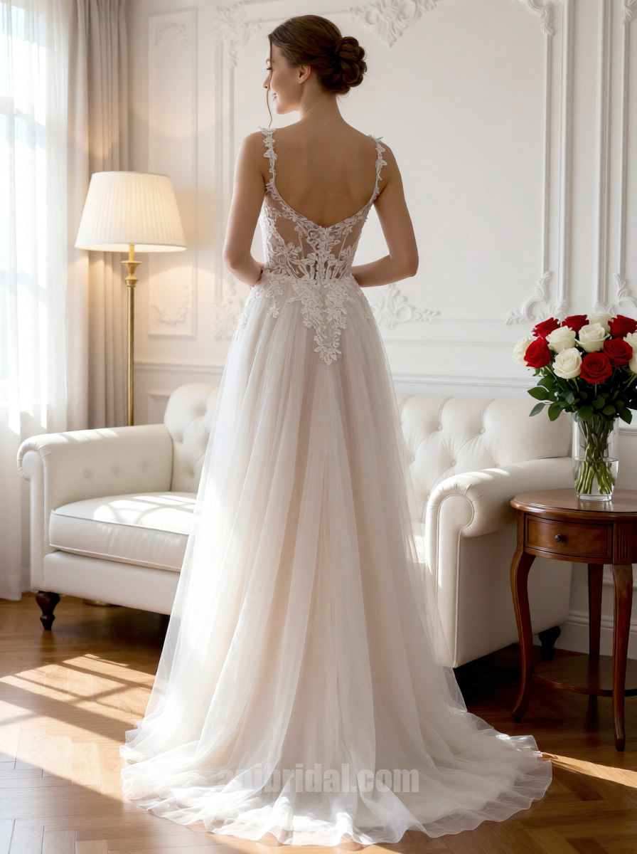 White Spaghetti Strap Lace Gown | Airy Tulle Sweep Train Bridal