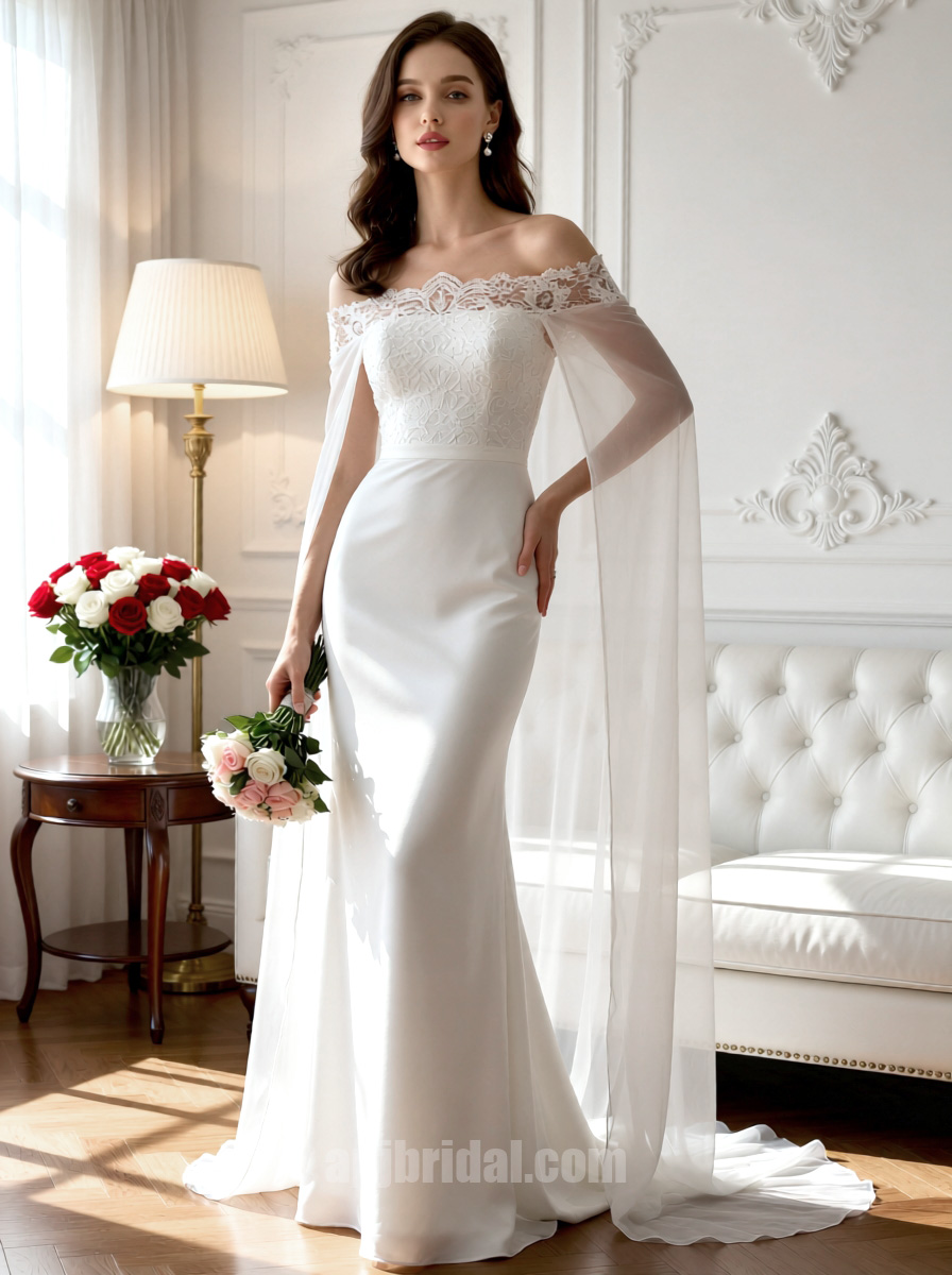 Elegant Off-the-Shoulder Lace Applique Satin Mermaid Wedding Dress with Cape