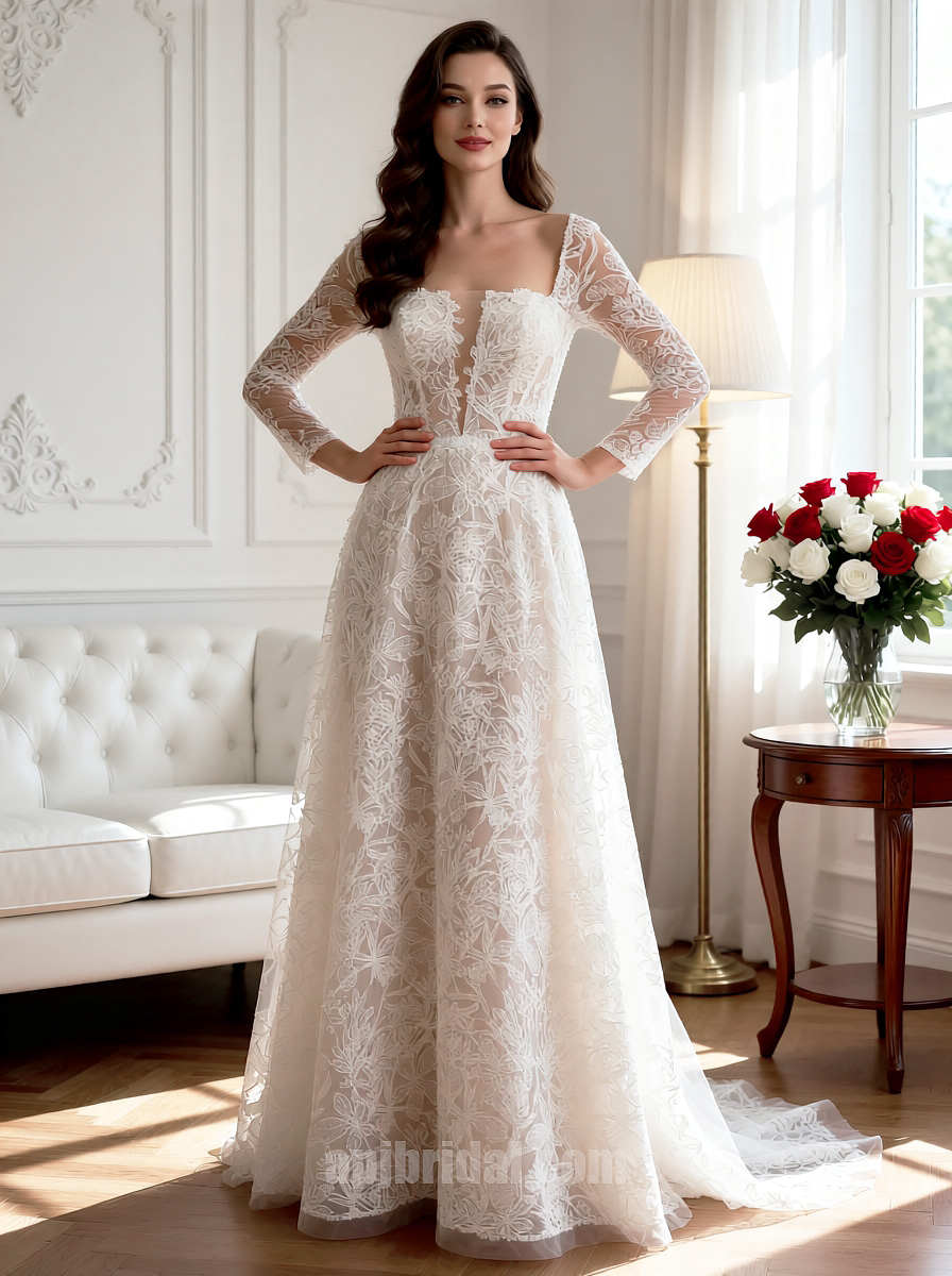 APJbridal Elegant Long Sleeve Lace A-Line Wedding Dress with V-Back