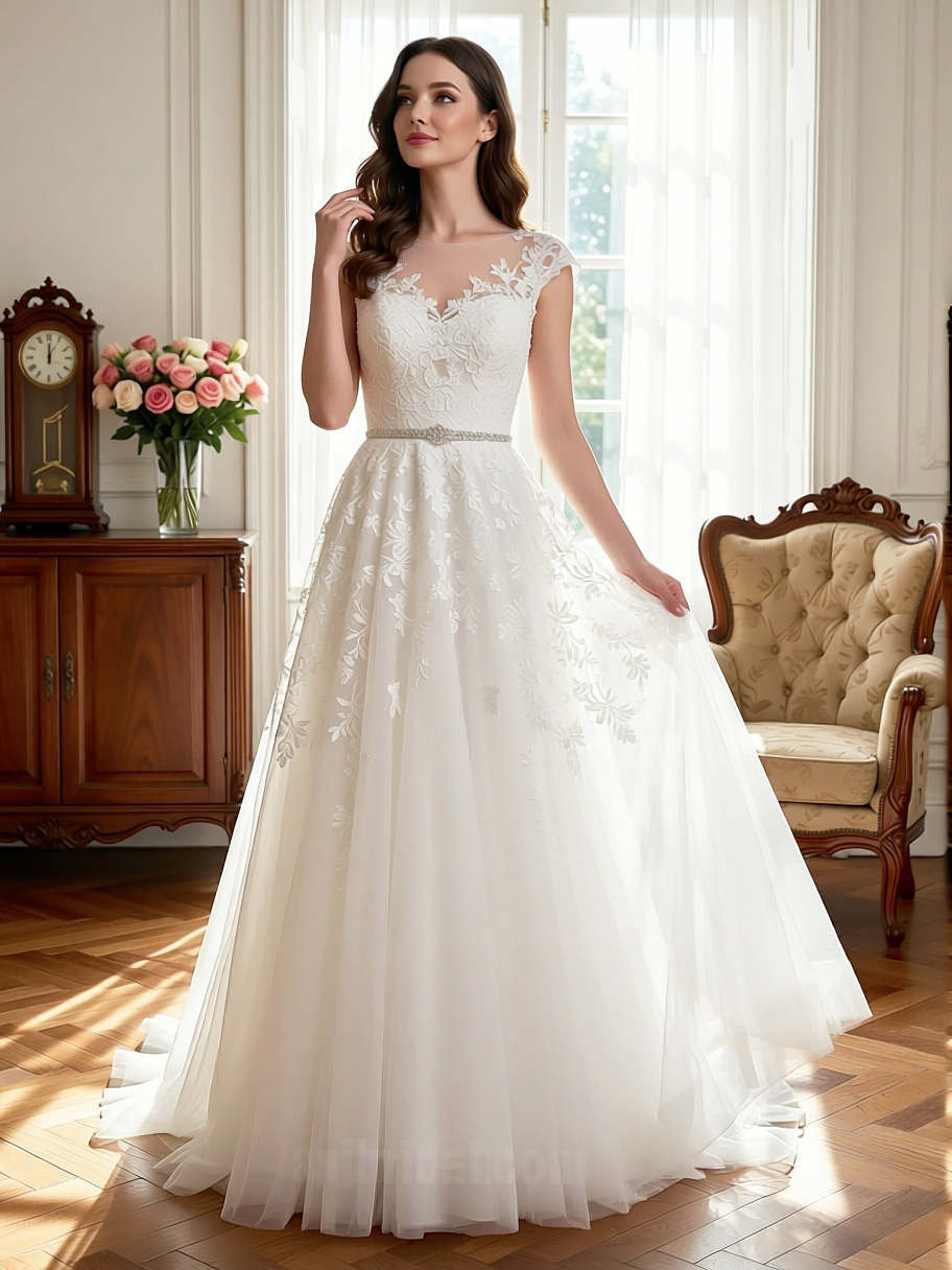 Classic Romantic Lace A-Line Wedding Dress with Cap Sleeves & Beaded Belt