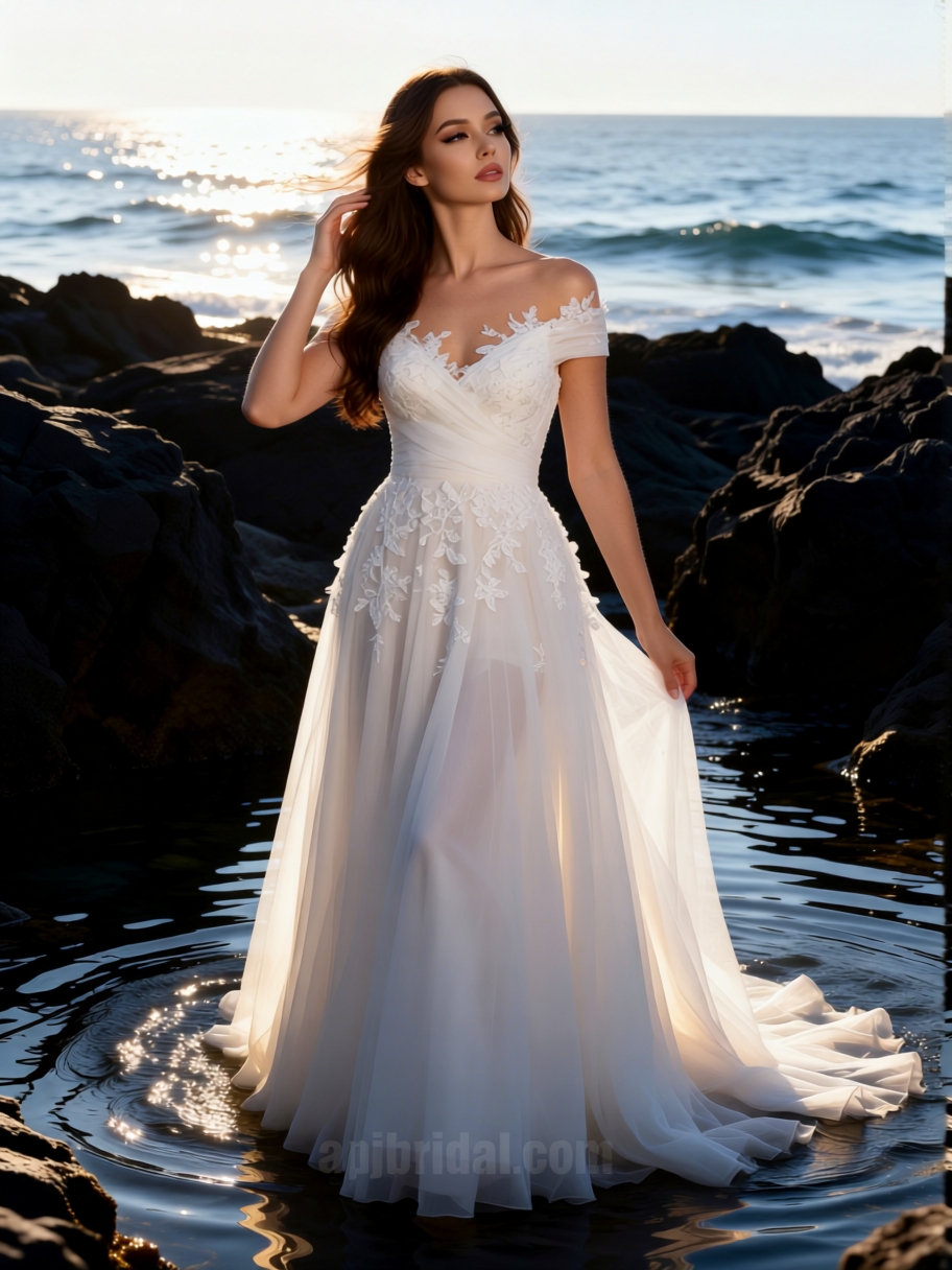 APJbridal Romantic Off-the-Shoulder Lace Applique A-Line Wedding Dress | Sweetheart Neck High Slit Tulle Train Bridal Gown for Beach & Outdoor Weddings