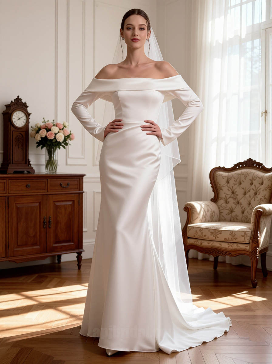 Elegant Off-the-Shoulder Long Sleeve Satin Trumpet Wedding Dress with Sweep Train – Minimalist Bridal Gown